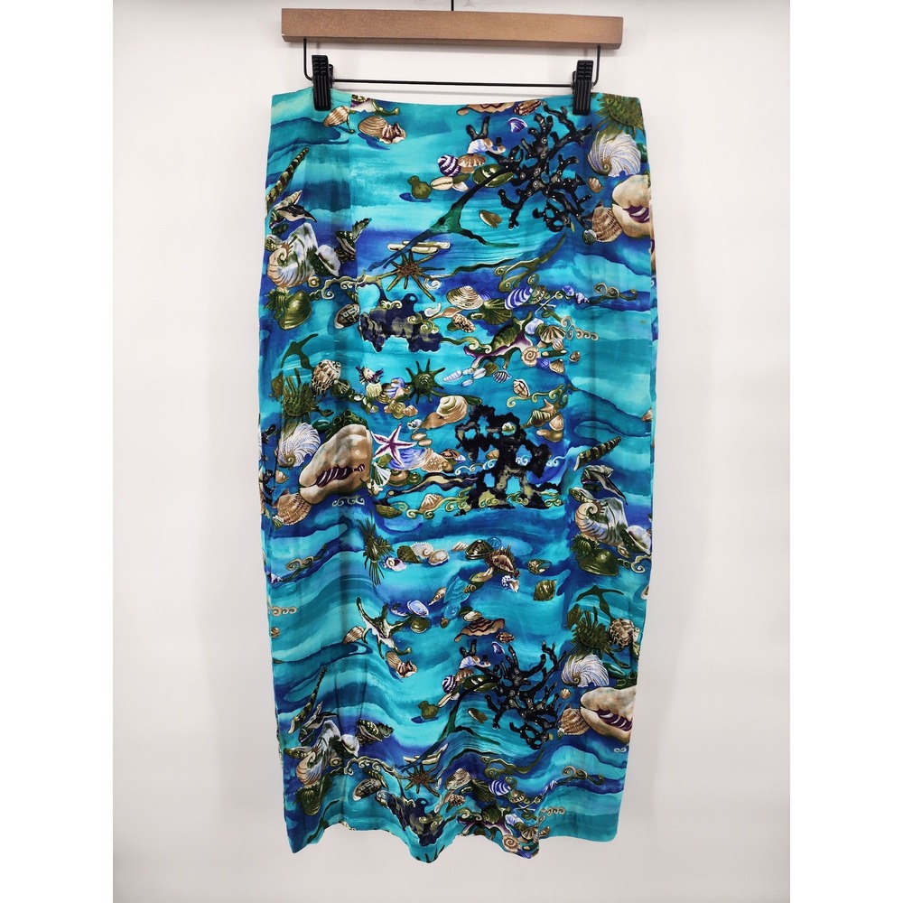 Clio Vintage Sea Shell Ocean Print Cotton Maxi Skirt Size 12 Mermaidcore Coastal